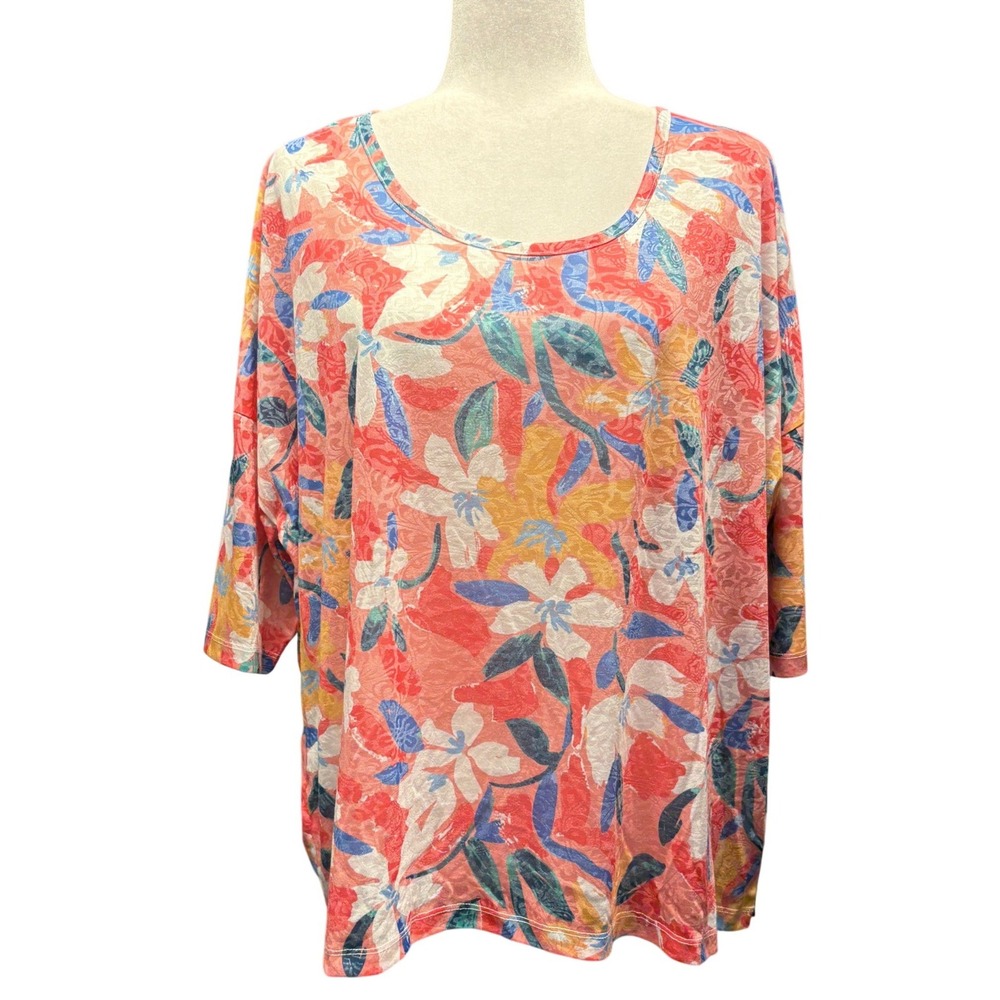Tribal‎ Jeans Womens Melon Paint Floral Knit Top Oversized Pink Orange Small